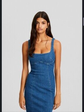 Sleek Blue Denim Midi Dress with Square Neck